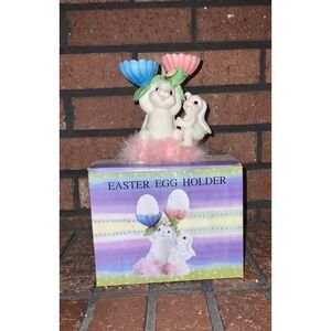 Vintage Cracker Barrel Easter Egg Holder Bunny Figurine Pink Blue Tulips w/Box
